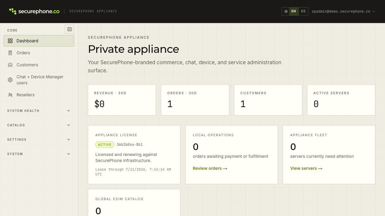 SecurePhone appliance admin dashboard running on demo.securephone.co