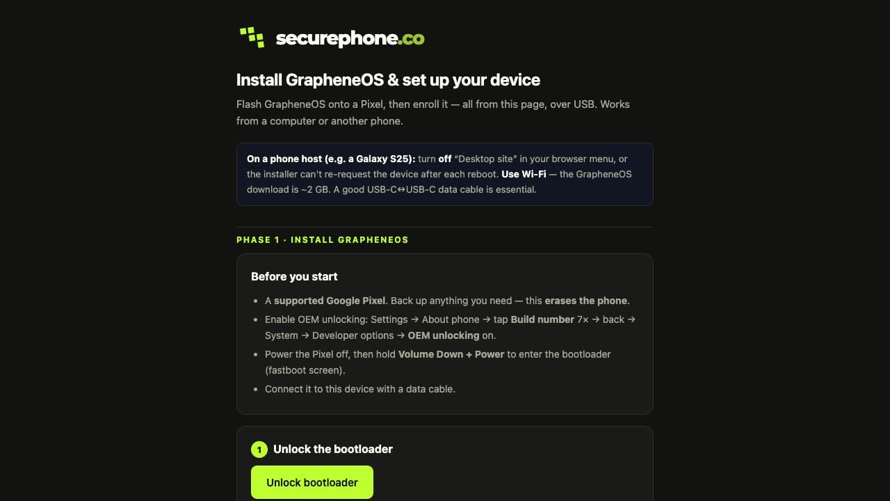 SecurePhone GrapheneOS installation and device enrollment workflow
